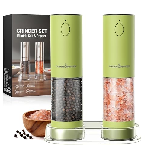 Image of ThermoMaven Electric Salt and Pepper Grinder Set, 110ml Larger Rechargeable Automatic Salt and Pepper Mill Grinder with 6 Adjustable Coarseness, Electric Salt and Pepper Shakers, LED, Pistachio