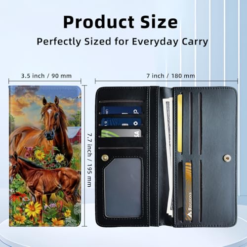 Womens Wallet,RFID Blocking Credit Card Slim Thin Holder,Long Bifold PU Leather Card Organizer,Cash Clutch Billfold Pocket Ladies Minimalist Travel Wallets,Horses and Flowers3