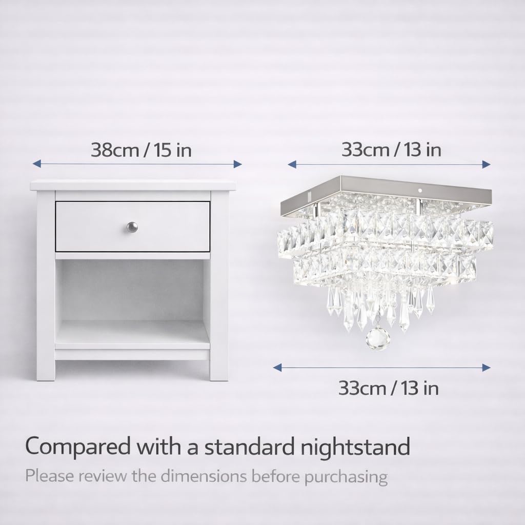 Finktonglan 13" Square Crystal Ceiling Light Flush Mount, Modern Multi-Layer LED Crystal Chandelier, Cool White 6500K, Non-Dimmable No Remote for Bedroom Entryway Dining Room Living Room