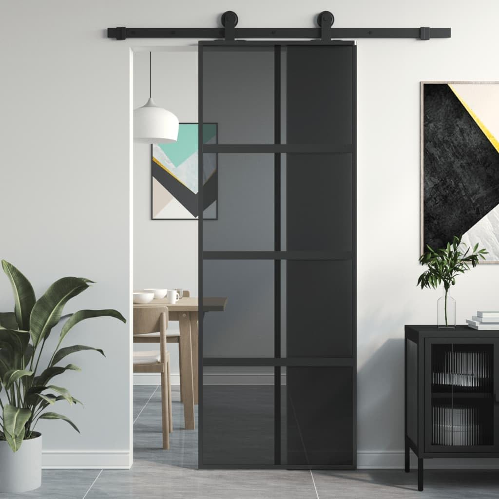 Drzwi przesuwne czarne 76 x 205 cm szkło hartowane i aluminium materiały budowlane drzwi domowe