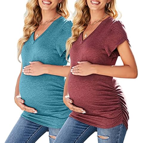 Molliya Maternity Shirts Women 2 Packs V Neck Side Ruched Pregnancy Summer Top Blouse Maternity Clothes Cover