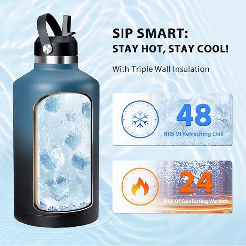 Image of Insulated Water Bottle 64 oz, Triple Wall Vacuum Stainless Steel Water Bottles(Cold for 48 Hrs), Leak Proof & Non-BPA, Half Gallon Water Flask Jug with Straw Spout Lids for Gym, Sports, Camping
