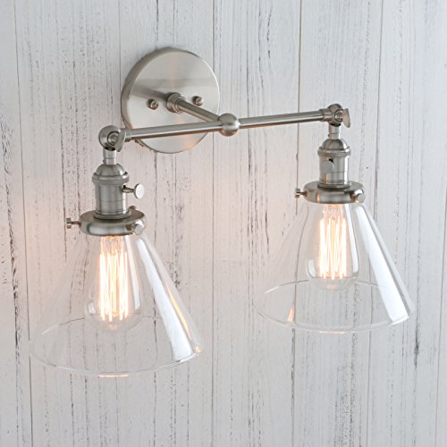Image of Permo Double Sconce Vintage Industrial Antique 2-Lights Wall Sconces with Funnel Flared Glass Clear Glass Shade (Brushed)