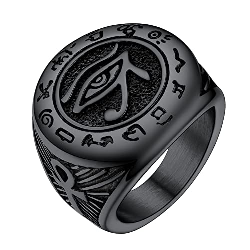 Mens Black Eye of Horus Rings Egyptian Spiritual Jewelry Protection Ankh Cross Ring Size 9