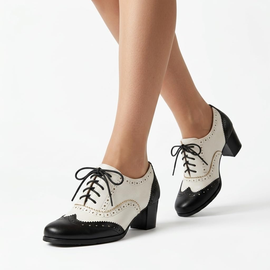 Women's Oxford Shoes Retro Vintage 1950s Chunky High Heels Platform Pumps | Black and White Two-tone Saddle Shoes,Wingtip Lace-Up Brogue Heels,Dress Shoes