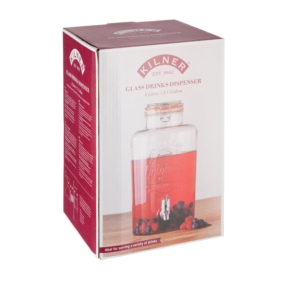 KILNER ROUND Getränkespender mit Zapfhahn | 8 Liter, H: 32 Ø 18 cm | Bügelverschlusses aus Edelstahl | Hochwertiger, tropfsicherer Getränkespender Zapfhahn | Einfaches Nachfüllen | Getränkefass, Glas mit Edelstahl-Bügelverschluss, für Partys und Alltag, s