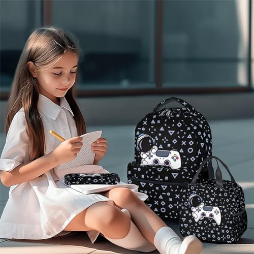 Gamer Backpack with Lunch Box for Kids - Set of 3 Boys School Backpacks Matching Combo - Durable Black Bookbag and Pencil Case Bundle2