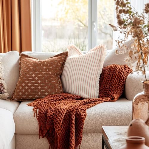 Image of ZWJD Fall Pillow Covers 18x18 Set of 2 Striped Pillow Covers with Fringe Chic Cotton Decorative Pillows Square Cushion Covers for Sofa Couch Bed Living Room Farmhouse Fall Decor, (Burnt Orange)
