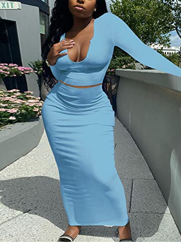 Image of Women Sexy Two Piece Skirt Outfits Long Sleeve /Sleeveless V Neck Bodycon Ribbed Knitted Maxi Club Party Dress