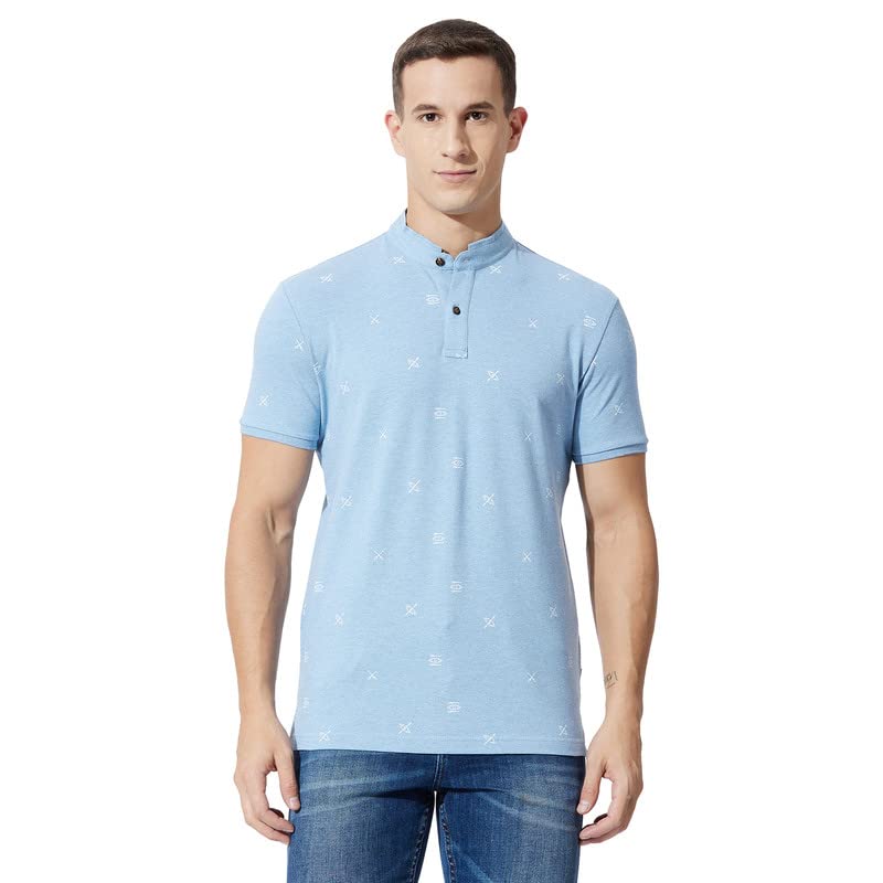 Image of FAHRENHEIT Men's Regular Poly Cotton Canoe Print Stand-Up Collar Polo T-Shirt