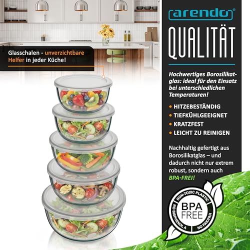 Arendo - Salatschüssel aus Glas mit Deckel - Glasschüssel 5er Set - 1000ml + 1500ml + 2000ml + 2700ml + 4400ml – Rührschüsseln klein bis groß – Borosilikatglas - Glasschale Salatglasschale 4