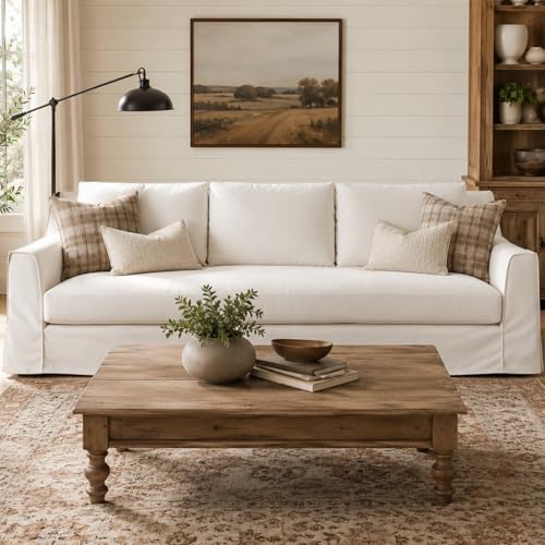Vorthio 110" Modern Slipcovered Sofa with One-Piece Easy Removable Washable Linen Style Blend Fabric Slipcover, Deep Seat Upholstered White Cloud Couch for Living Room Oversize 3 Seater, Easy Assembly