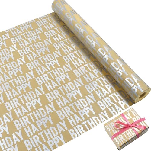 43cm*15m Happy Birthday Geschenkpapierrolle, silbernes...