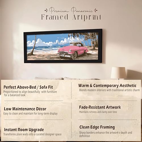 Image of PAINTINGMANTRA Summer Beach View with Vintage Pink Car Wall Art Framed Luxury Paintings for Home Decoration, Living room, Bedroom and Office Decoration (99x38 CM)