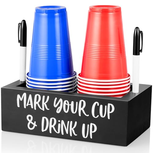DRASTAR Double Disposable Cup Holder with Marker Slot, Mark Your Cup and Drink Up Caddy, Wood Disposable Cup Holder, Plastic Cup Organizer, Gift for Hosting Essentials, Black