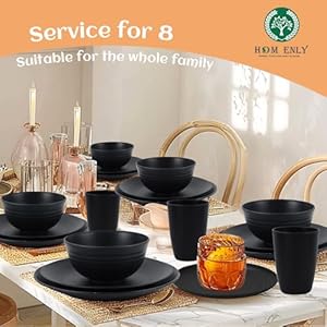 Homienly Wheat Straw Dinnerware Set40 Piece Dish Set for 8 Dinner Plates Dessert Plate Cereal Bowls Cups Appetizer PlatesReusable Dinner Plates Kids Plates and Bowls SetsBlack