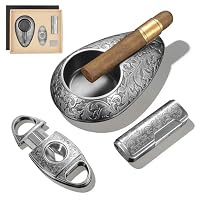 CIGARLOONG Premium Cigar Gift Set for Men - Cigar Guillotine & V-Cutter, Windproof Jet Lighter, Ashtray in Gift Box (No Gas Included) (Silver)