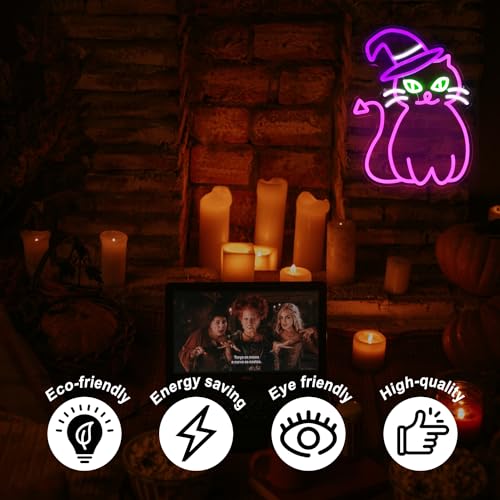 Image of Pink Cat with Witch Hat Neon Sign Halloween LED Light for Room Party Decor | Dimmable Animal Neon Light for Bedroom, Witch Cat Light Up Sign, Acrylic LED Signs for Wall Bar, USB Powered, Halloween Gifts