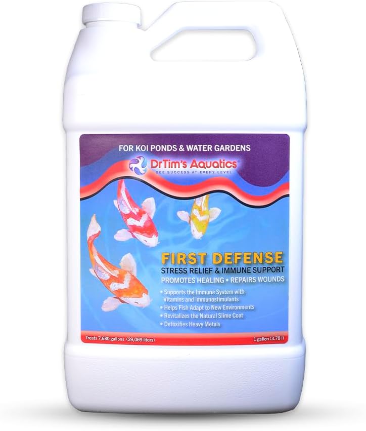 DrTim's Aquatics First Defense for Koi Pond and Water Gardens – Stress Relief & Immune System Support with Vitamins Immunostimulants Fish Ponds 128oz - Treats 7680 gal