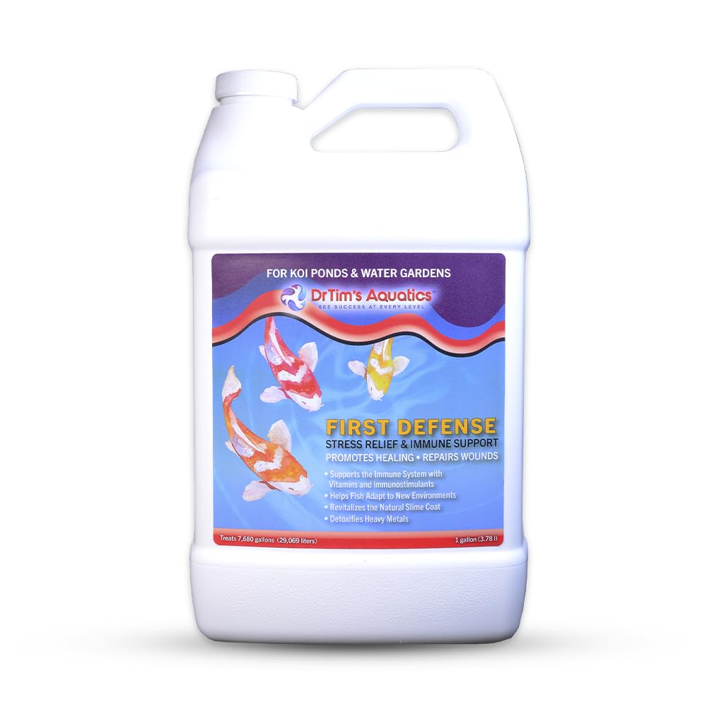 DrTim's Aquatics First Defense for Koi Pond and Water Gardens – Stress Relief & Immune System Support with Vitamins Immunostimulants Fish Ponds 128oz - Treats 7680 gal