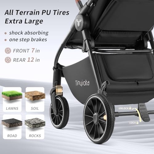 Image of Tinyiota Stroller for Babies,Toddler Strollers with Large UPF 50+ Canopy,Luxury Baby Stroller with Leather Handle & Spacious Seat, One-Hand Foldable Pushchair,Baby Carriage with Lie-Flat Mode(Black)