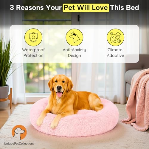 Image of Fluffy Washable Waterproof Dog Bed for Summer | Large Size Round Pet Bed for Golden Retriever, Labrador, Pug, Beagle | Anti-Skid, Soft & Cozy for All Breeds (Light Pink, XXL)