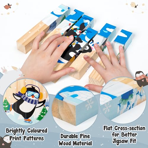 Image of CJiangpo Wooden Winter Chunky Puzzles - 4 in 1 Polar Animals Puzzle Blocks Sensory Toys for Toddlers 2+ Years, Educational and Fun Building Block Stacking Winter Educational Toy Game for Boy Girl