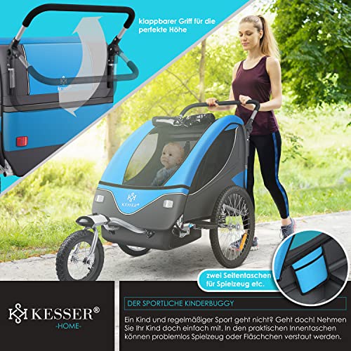 KESSER® Kinderanhänger Fahrradanhänger 360° Drehbar mit Federung 2in1 Joggerfunktion Kinderfahrradanhänger + 5-Punkt Gurt Jogger Fahrrad Anhänger für 1 bis 2 Kinder max. 40kg Inkl. Warnfahne, Blau