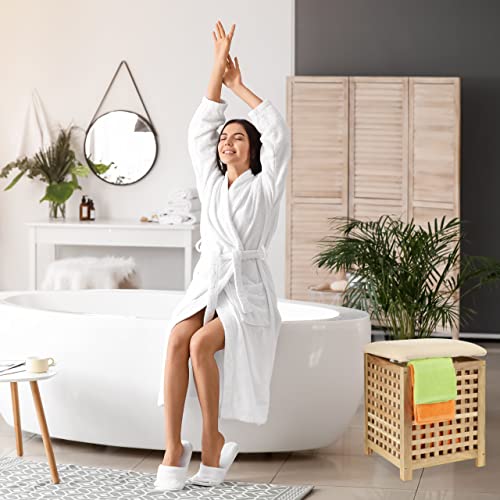 Relaxdays Wäschekorb mit Sitz, Walnussholz, Stoff, HxBxT: 50 x 39 x 39 cm, 45 l Wäschebox, Badhocker mit Stauraum, Natur