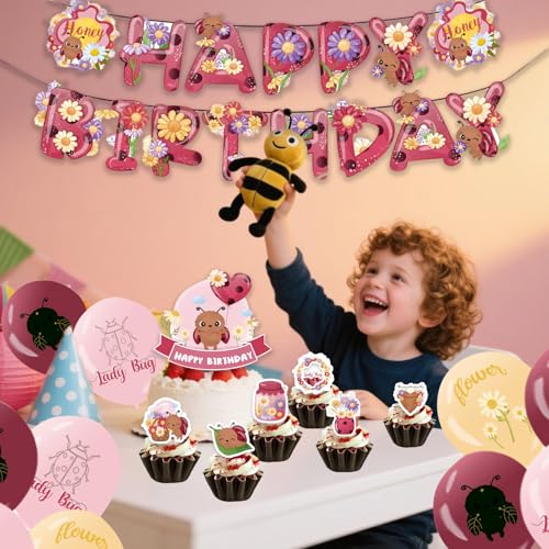 Image of LadyBug Birthday Decoration Set, Cute Cartoon Insect Happy Birthday Banner, Party Supplies with Banner, Hanging Swirl, Balloon, Cake Topper, Cupcake Topper