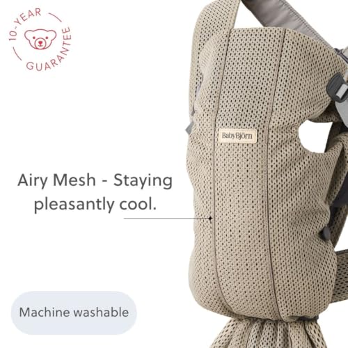 Image of BabyBjorn Baby Carrier Mini, Gray Beige, 3D Mesh Newborn Carrier (7-25 lbs), Ergonomic, Easy-to-Use