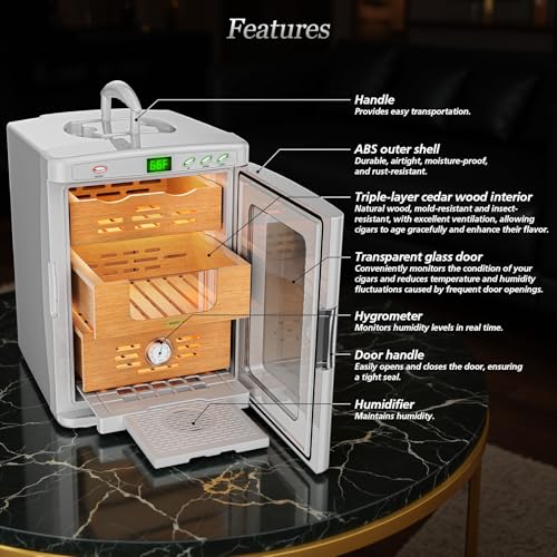 Cigar Humidor Cabinet, 25L Electric Thermostatic LED Cigar Humidor for 160-200 Cigars, Cedar Wood Shelves, Hygrometer & Humidifying Tray, Glass Door, ABS Moisture proof Shell, Cigar Care Partner