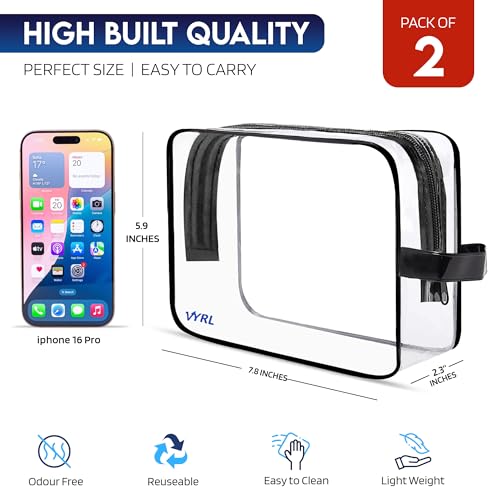 VYRL 2 Pack Clear Makeup Bag (7.8 x 5.9 x 2.3 inches) - Quart Size 3-1-1 TSA Approved Toiletry Bag with Zipper - Water-Resistant Durable PVC Clear Toiletry Pouches for Carry-on Airport2