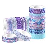 MOZUI 12 Pcs Mermaid Washi Tapes Set Mermaid Pattern Masking Tape Mermaid Themed Decorative Tape Mermaid Printed Decorative for DIY, Planner, Scrapbooking, and Party Decor