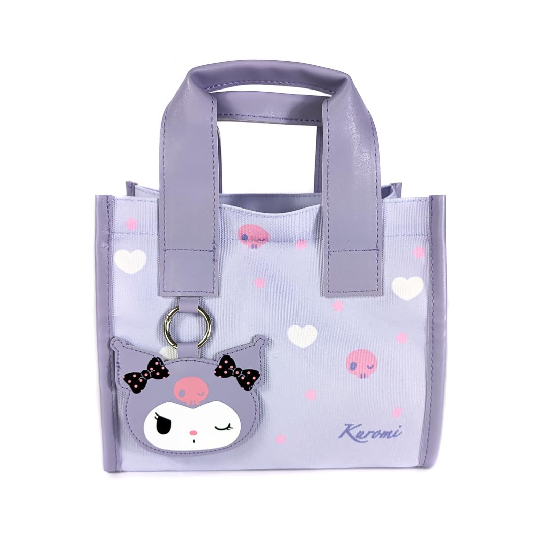 Spredaj view of the MINISO Kuromi Square Lunch Bag, featuring a light purple color with a Kuromi character charm and small heart and skull patterns. It has a sturdy handle.