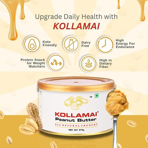 Image of KOLLAMAI Natural Crunchy Peanut Butter 375gm (Pack of 1) Organic 32gm High Protein Energy Booster Unsweetened, Zero Sugar, Zero Salt and Low Fat Good for Heart Health
