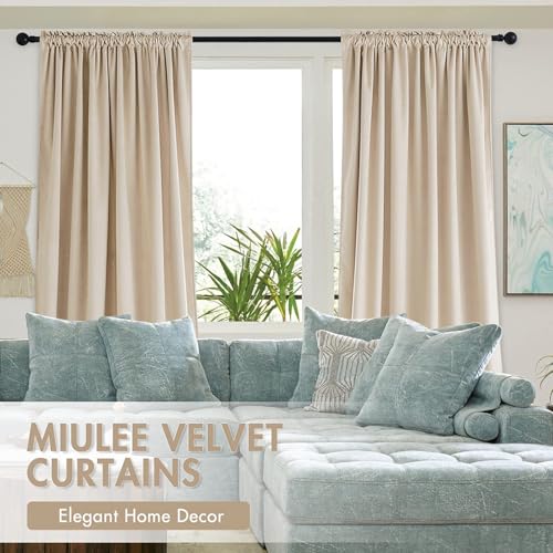 Image of MIULEE Beige Blackout Velvet Curtains Drapes 96 Inch Long 52 inchx96 inch Bedroom | Luxurious Bedroom Living Room Decor, Room Darkening, Thermal Insulated, Rod Pocket Design, Super Soft Fabric