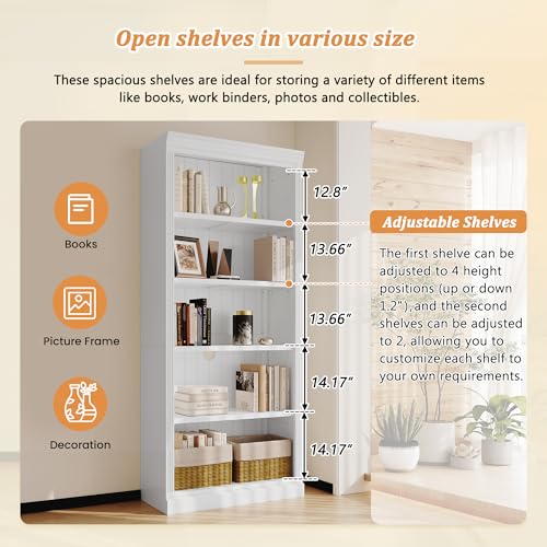 Image of 5-Shelf Bookcase with Light Strip, Bookshelves Floor Standing Display Storage Shelves 83.4 in Tall Bookcase Home Decor Furniture for Home Office, Living Room, Bed Room - White
