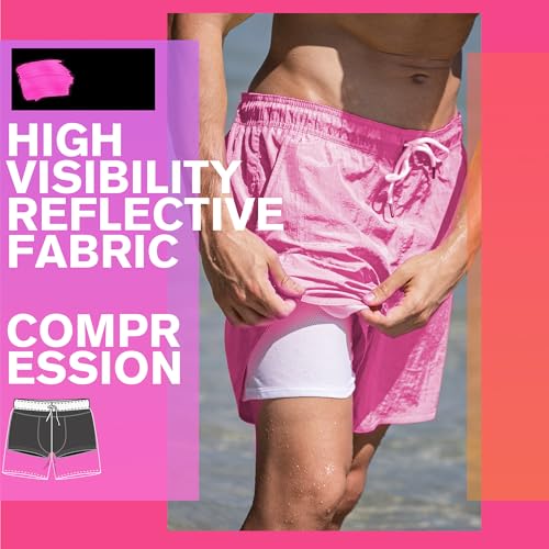 BRISIRA Mens Swim Trunks Neon 5" Bathing Suit Compression Liner Nylon Swim Shorts Beach Swimsuit Swimwear Quick Dry Pockets2