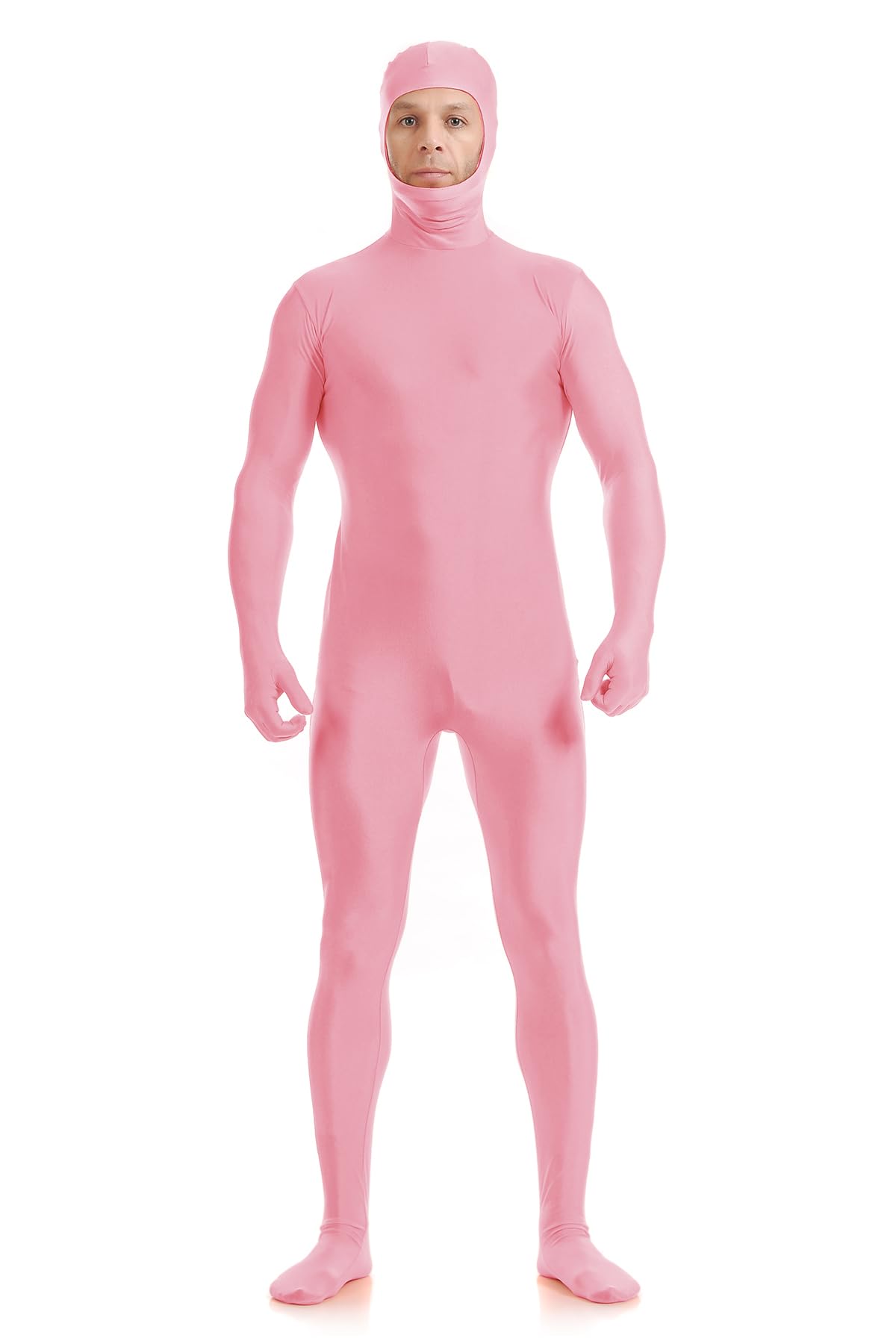 ATHX Men's and Women's Spandex Open Face Bodysuit Costume Adult Stretchy Halloween Cosplay Body Suit Zentai Suit Outfits Pink Large