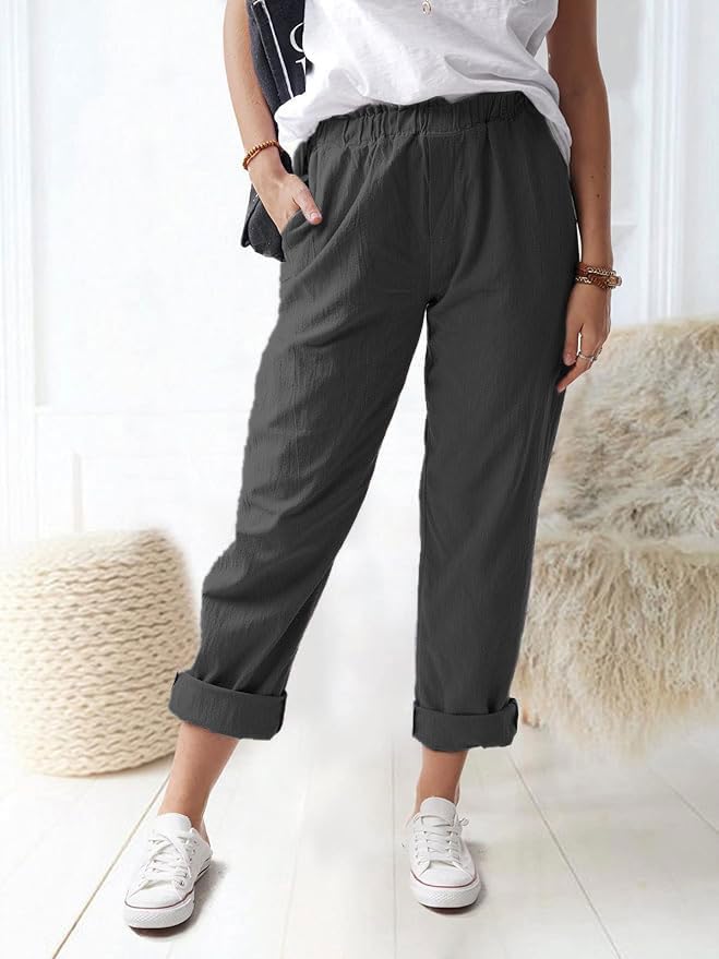 Women's Straight Pants Elastic Waist Casual Lounge Pants Trousers with Pockets Dark Gray2
