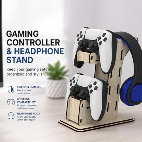 Image of Headphones and Controller Stand for Desk Modern Gaming Style, 18 x 15 x 21.5 cm, for PS5 and Xbox Controllers