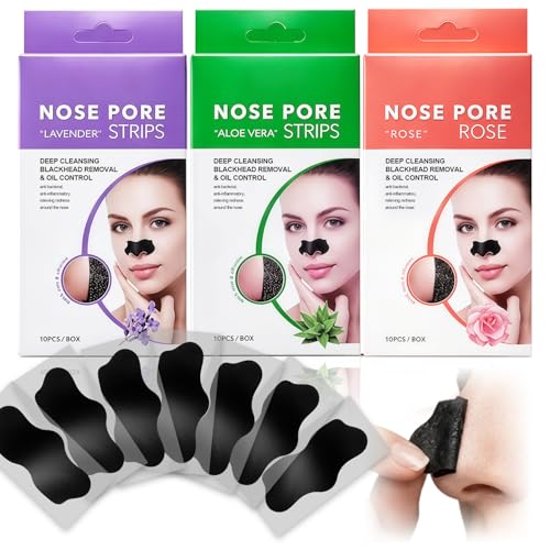 30 Strips anti-points noirs pour le nez – Lot de 3 boîtes aux extraits de plantes (Aloe, Lavande, Rose) – Masque peel-off nettoyant pour points noirs et...