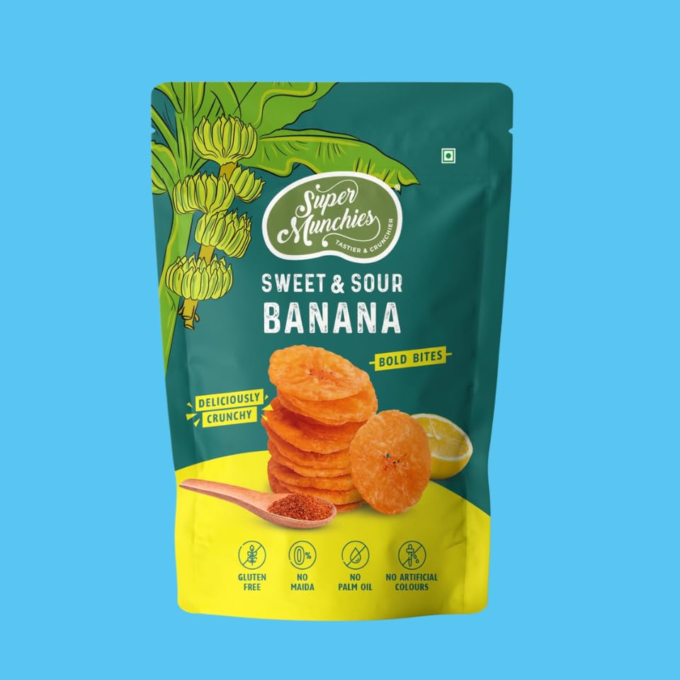 Image of Super Munchies Bold Bites Sweet & Sour Banana Chips | Vegan, Gluten Free, No Palm Oil, No Preservatives, No Artificial Colors, Zero Trans Fat, No Cholesterol, No Added MSG (Pack of 8)