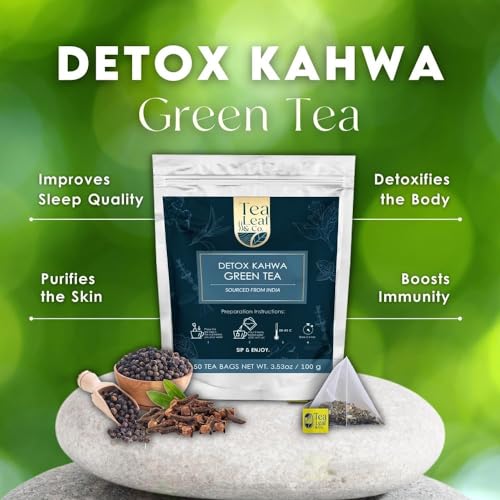 Image of Tea Leaf & Co. Detox Kahwa Green Tea Bags (50 Count), Green Tea with Ginger, Tulsi & Rock Salt, Caffeinated, Natural Green Tea, Blended with Fresh Herbs and Spices, Gluten Free