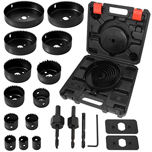 Hole Saw Kit, 21Pcs wood Hole Saw Set With 13Pcs Hole Saw Blades, 2 Mandrels, 3 Drill Bits, 2 Installation Plate,1 Hex Key, Max Size 6