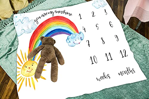 Image of Baby Monthly Milestone Blanket Wreath and Frame, Rainbow Sun Photo Prop, Growth Photography Background, 47x40 inches, Polyester, Single Layered, Baby Blanket