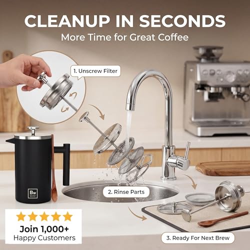 Image of Barista Warrior French Press Coffee Maker - Double-Wall Stainless Steel Insulated French Press with Built-In Thermometer, Dual Filters Coffee Maker with Wooden Spoon - Black