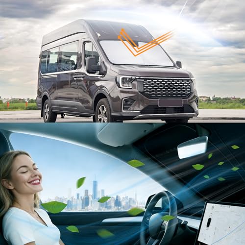 Image of Windshield Sun Shade for Ford Transit 2015-2024 2025 2026 | Foldable, Full covered for windshield, Block UV Rays, Heat Reduction, Easy to install, Keeps Car Cooler