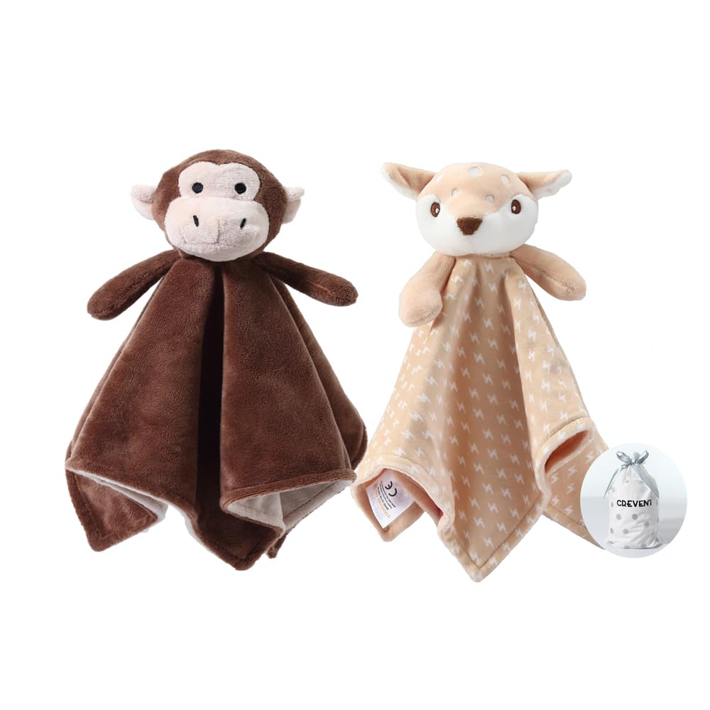 CREVENT Cozy Plush Baby Security Blanket, Loveys for Baby Girls and Boys, Birthday (Deer+Monkey)